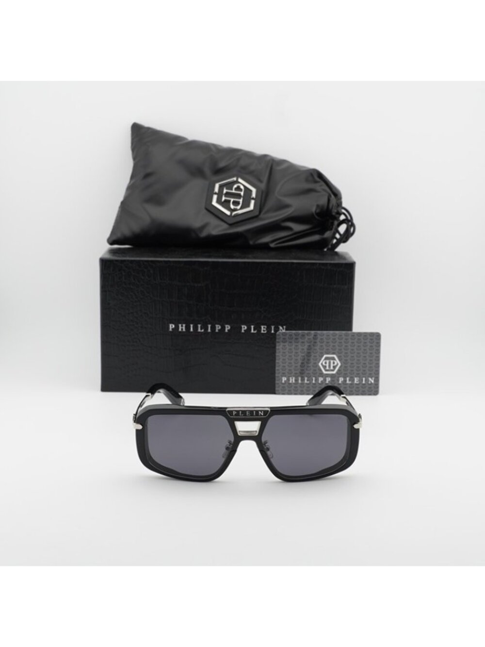 Philipp Plein SPP008M 0700 Sunglasses Shiny Black Aviator Frame, Grey Lenses - Picture 10 of 10